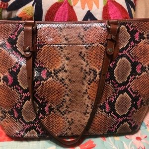 Brahmin handbag brown snake pattern with pink.